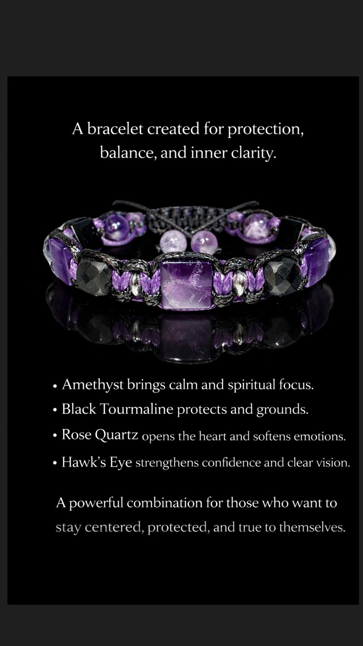 Amethyst Black Tourmaline Rose Quartz Bracelet, Handmade Gemstone Jewelry for Men