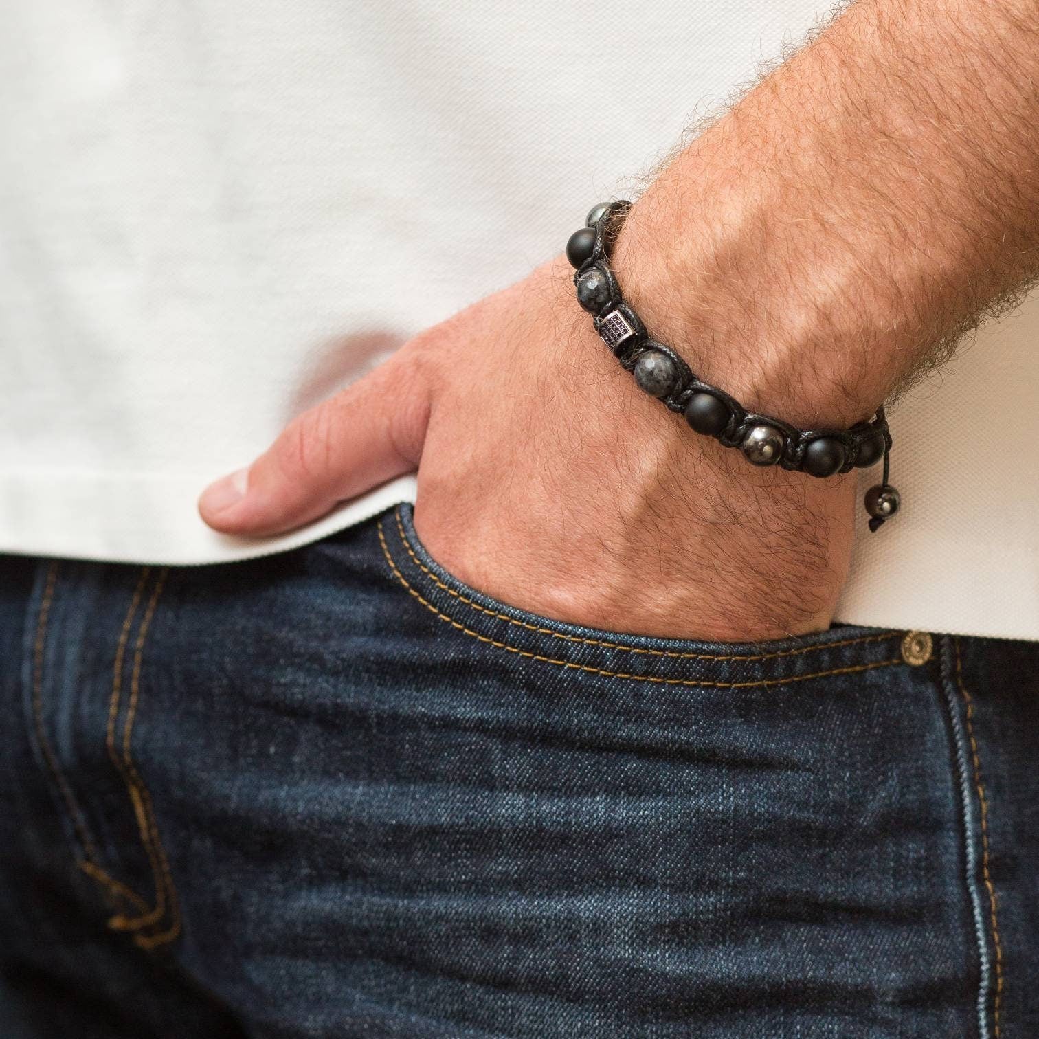 Men's bracelet diamond Black beads hematite, lavrikite, black onyx, zirconium. Gift for men