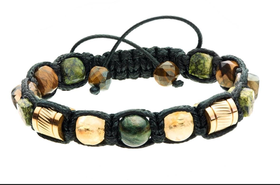 Mens Bracelet Wealth Protective Gemstone Cube Citine, Gold, Natural Serpentine Stone , Emerald Fuchsite • Prosperity Manifest