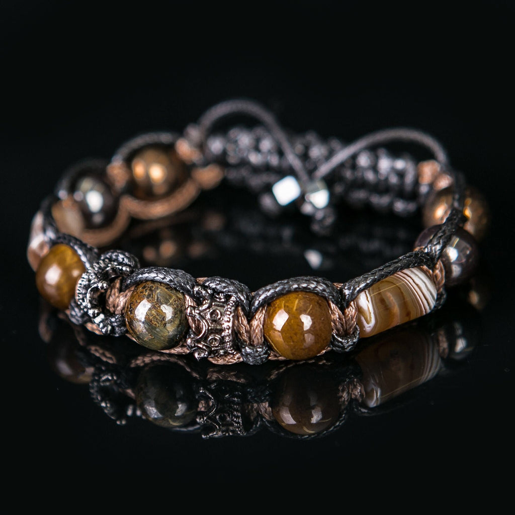 Mens Crown Bracelet Tiger Eye Hematite Black Elegant Braided Stone Bracelet 10mm Success Jewelry Gift For Boyfriend