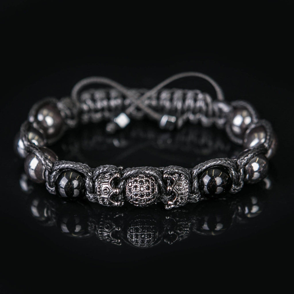 Handmade Black Onyx Bracelet, Crown CZ Diamond, Hematite Jewelry