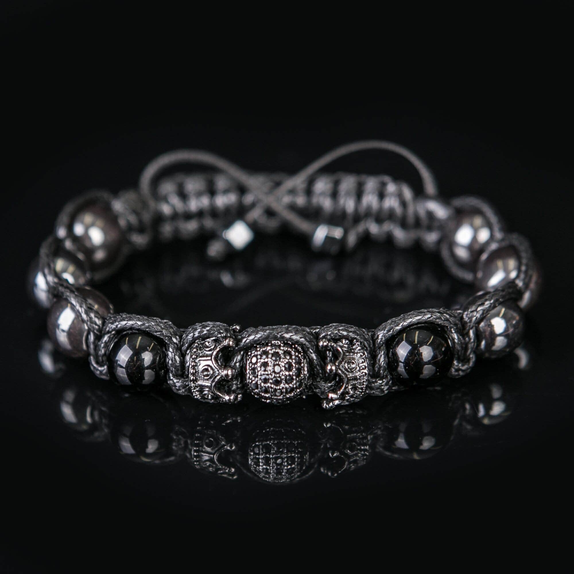 Handmade Black Onyx Bracelet, Crown CZ Diamond, Hematite Jewelry
