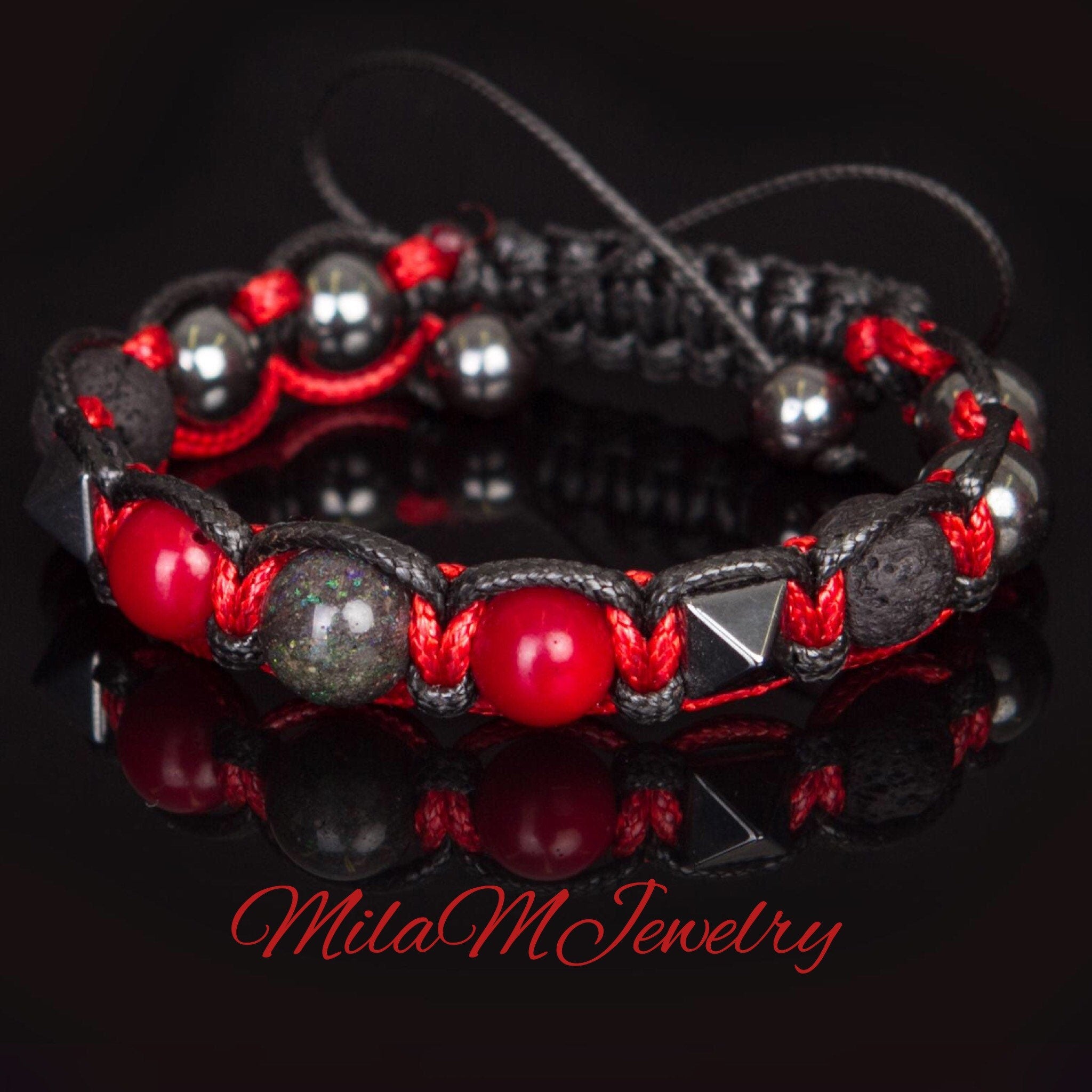 Prosperity bracelet men gift for him. Natural Black opal, Red Coral, lava, hematite men's bracelet cord.