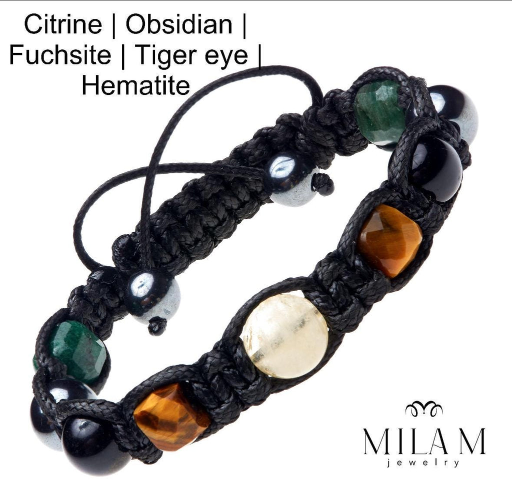 Men's Gemstone Bracelet for Wealth Protection "Harmony" with Citrine, Obsidian, Fuchsite, Hematite, Tiger's Eye