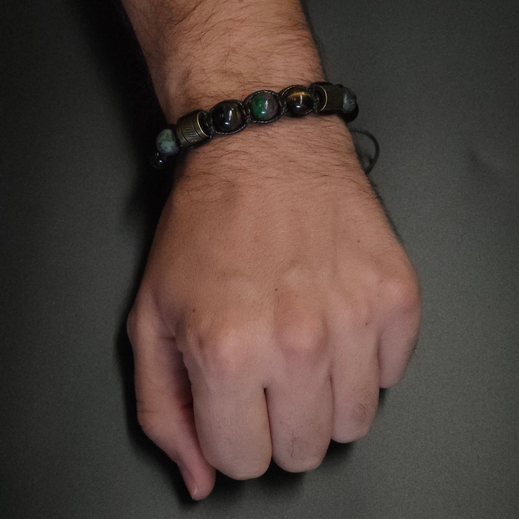 Spiritual Fortune Man Bracelet boho anyolite( ruby in zoisite, blue tiger eye, Kambaba jasper , bronze metal beads. Luxury men's jewelry