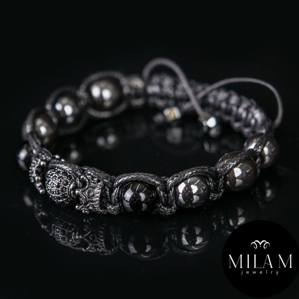 Handmade Black Onyx Bracelet, Crown CZ Diamond, Hematite Jewelry