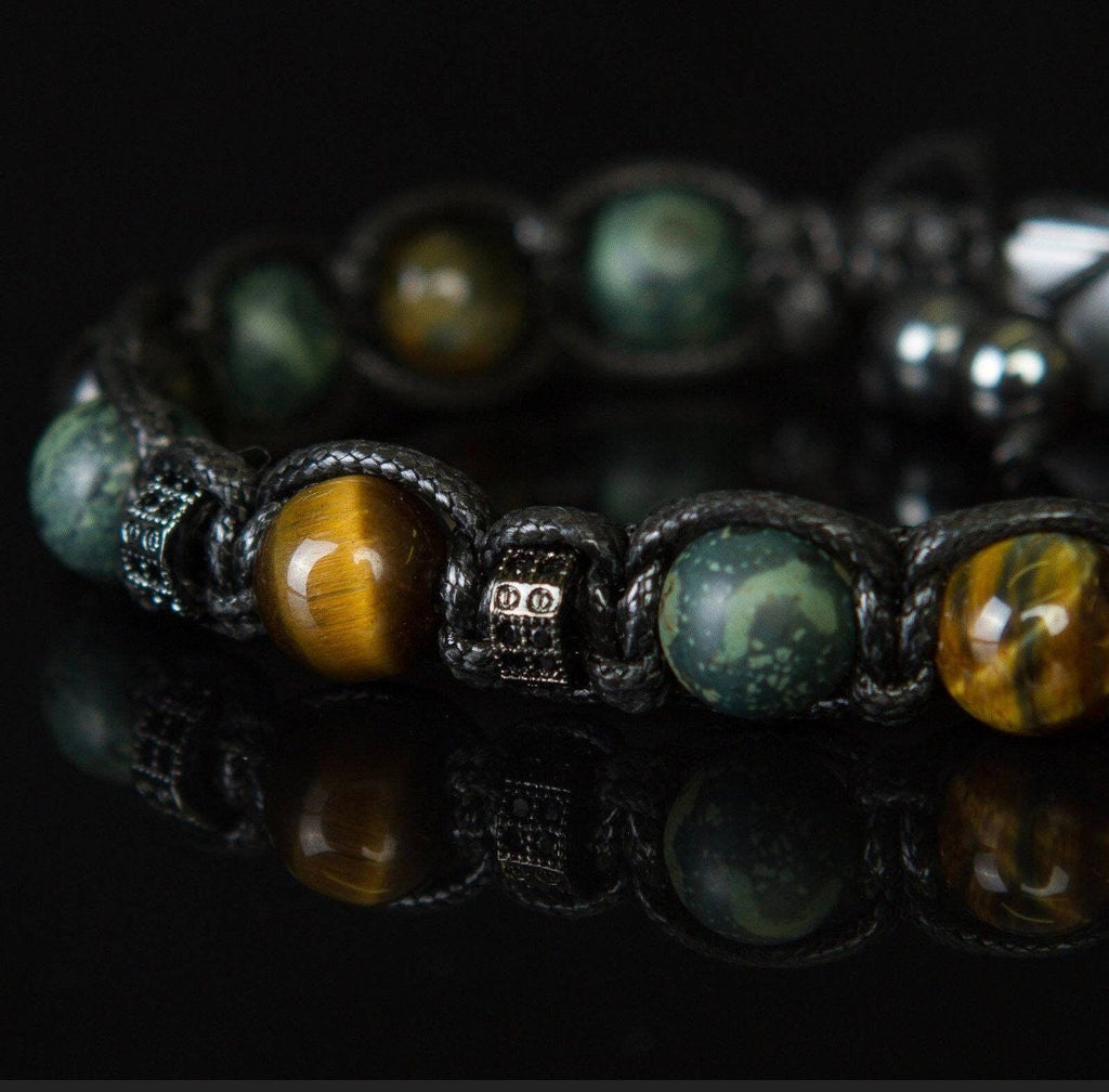 Men’s Natural Stone Bracelet, Tiger Eye Beaded Bracelet for Men, Green Rhyolite Gemstone Bracelet, Handmade Jewelry Gift for Him