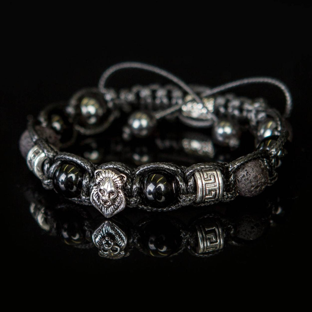 Lion bracelet men - black stones and silver metal beads. Black onyx  lava beads, hematite gemstones. Christmas gift for him