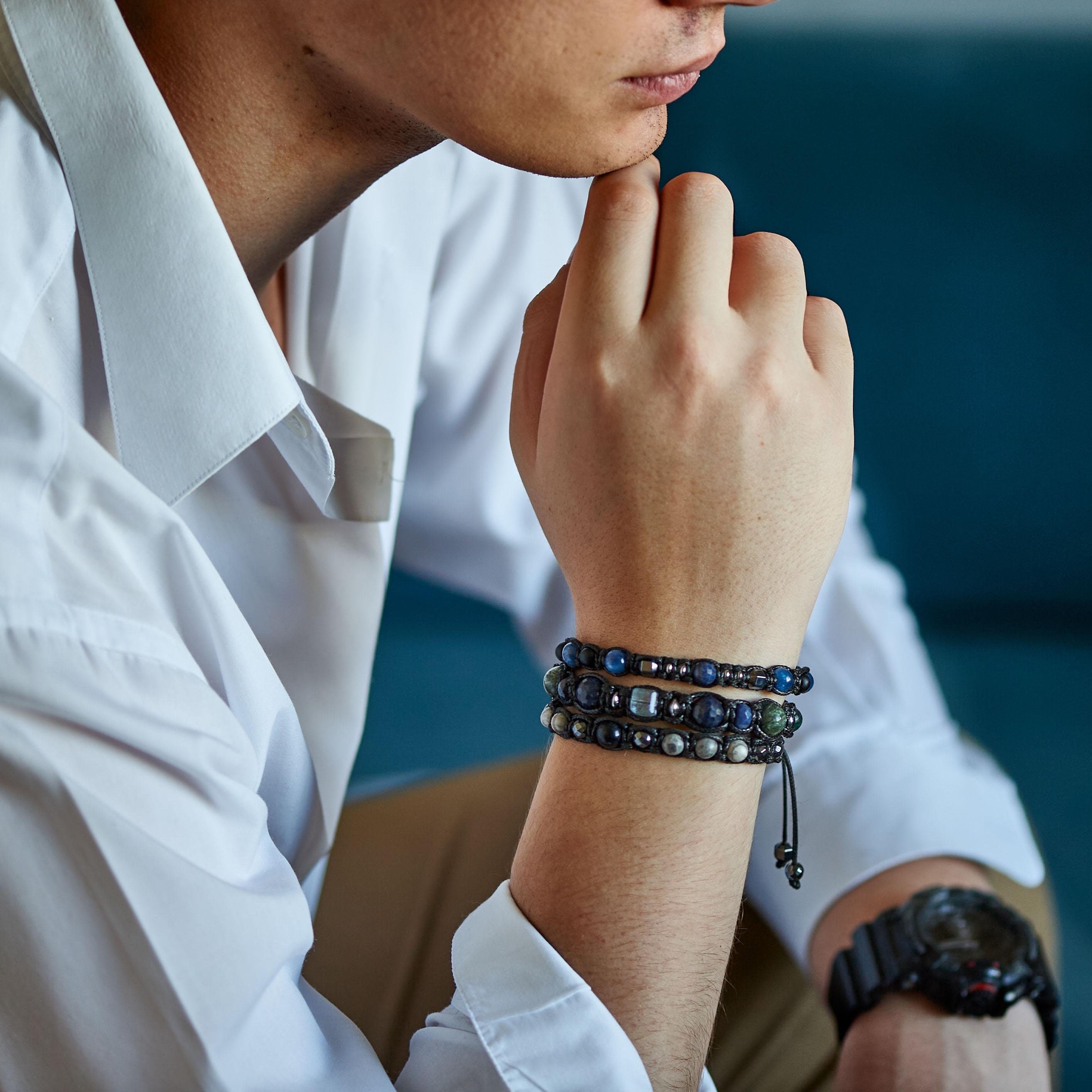 Blue sapphire bracelet men, Minimalist men's bracelet with precious stones - kyanite, hematite. Gifts for man protection success Jewelry