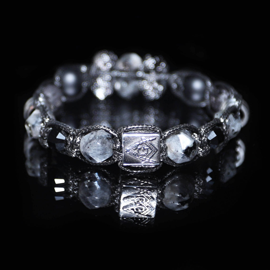 Men’s Masonic Bracelet Square and Compasses G, Black Tourmaline Bracelet for Men, Stainless Steel Bead, Freemasonry Symbol Jewelry, Handmade
