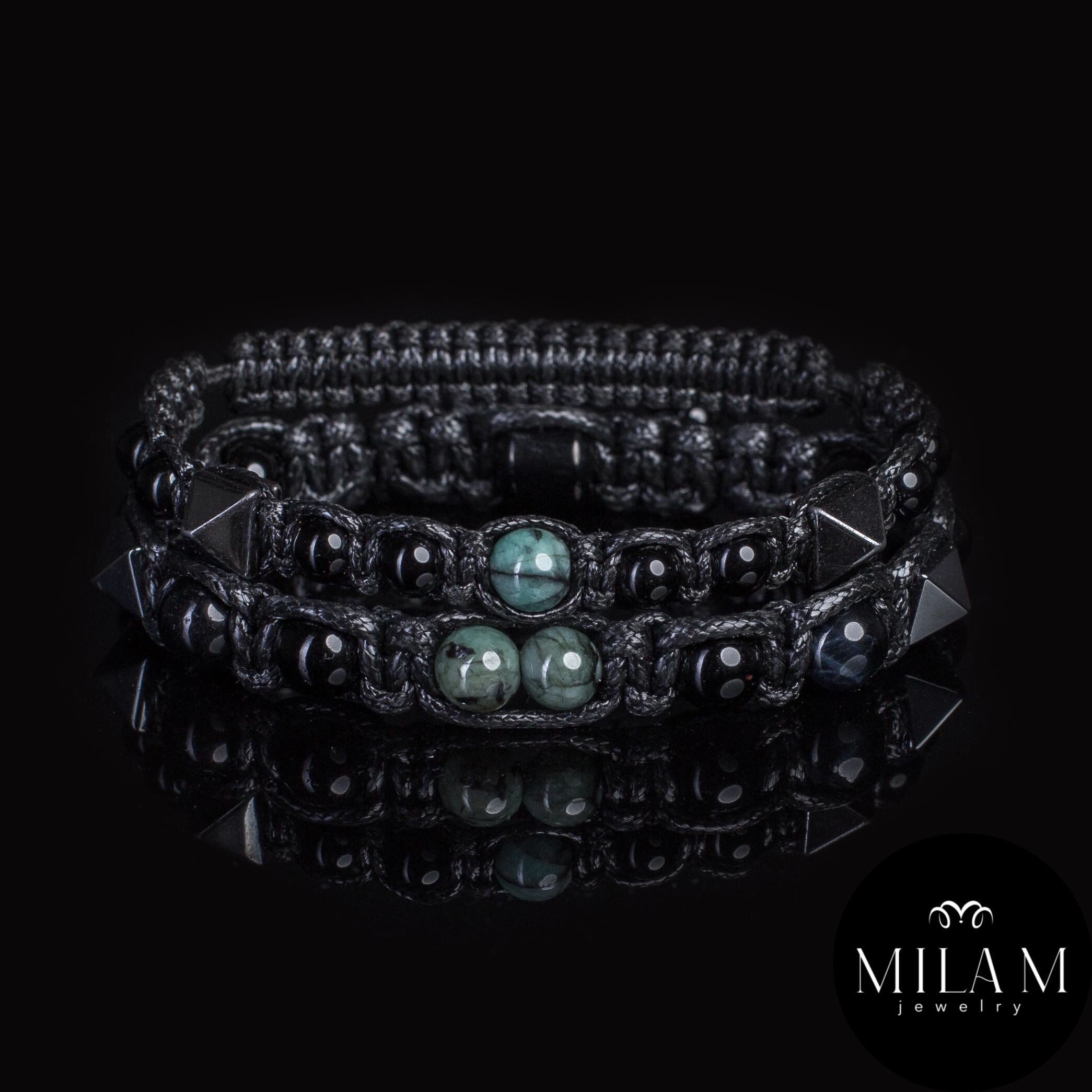Men's bracelet with emerald, black tourmaline, hematite, blue tiger's eye. Bracelets • Matching bracelet.