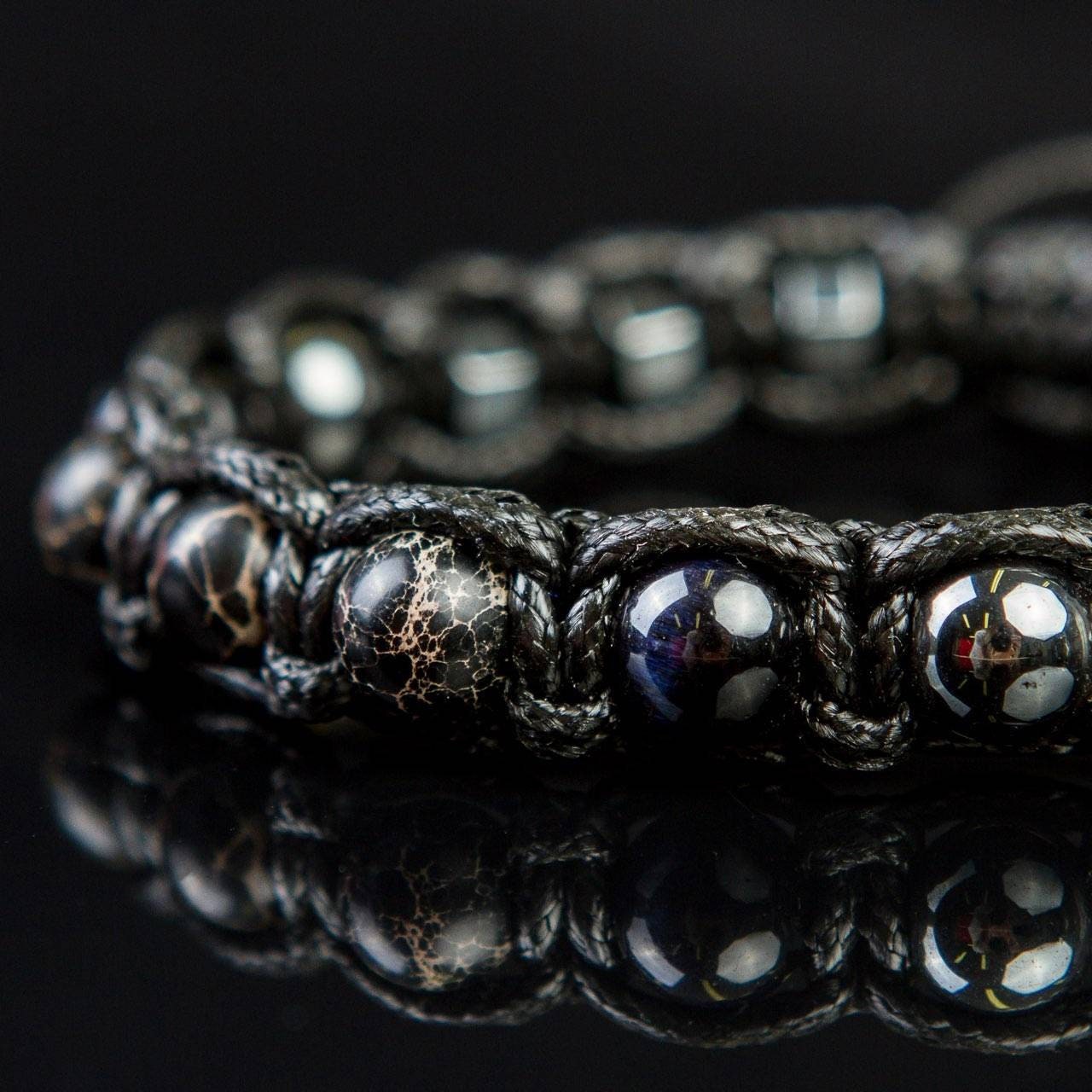 Men's Braided Bracelet: Hawk's Eye, Imperial Jasper, Hematite