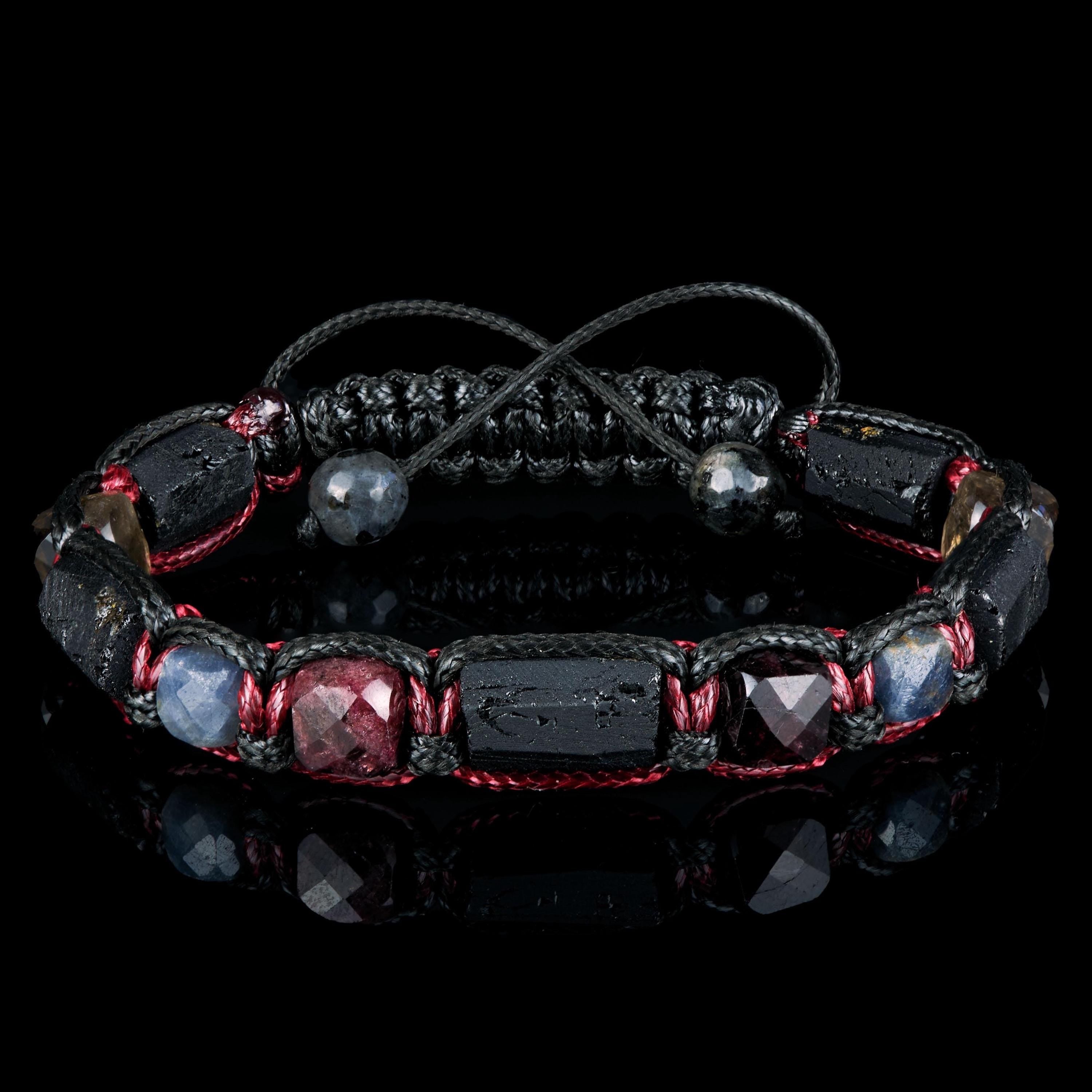 Men’s Black Tourmaline Bracelet with Real Sapphire  Garnet Gemstones – Protective Bracelet for Men, Perfect Birthday Gift for Aries