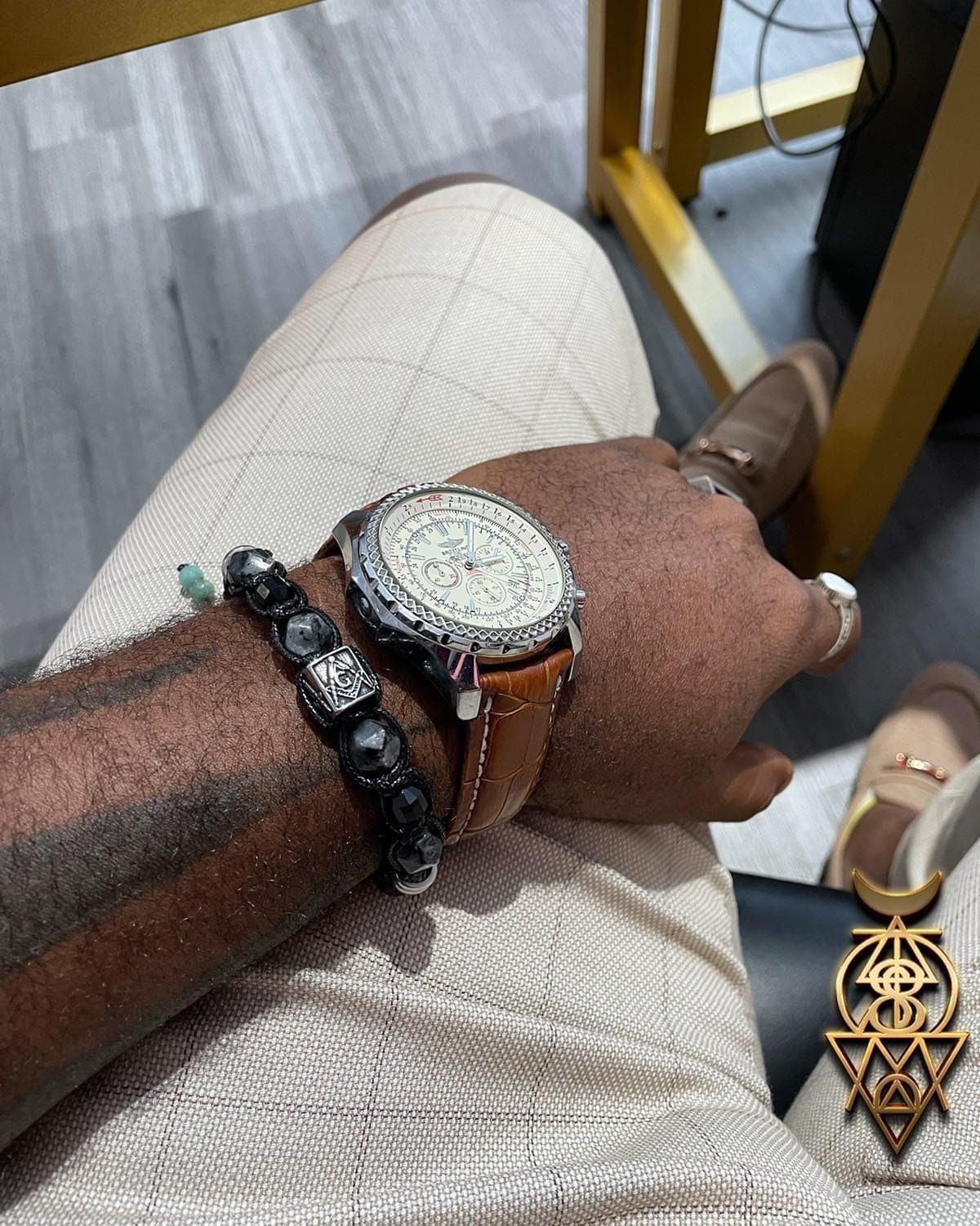 Men’s Masonic Bracelet Square and Compasses G, Black Tourmaline Bracelet for Men, Stainless Steel Bead, Freemasonry Symbol Jewelry, Handmade
