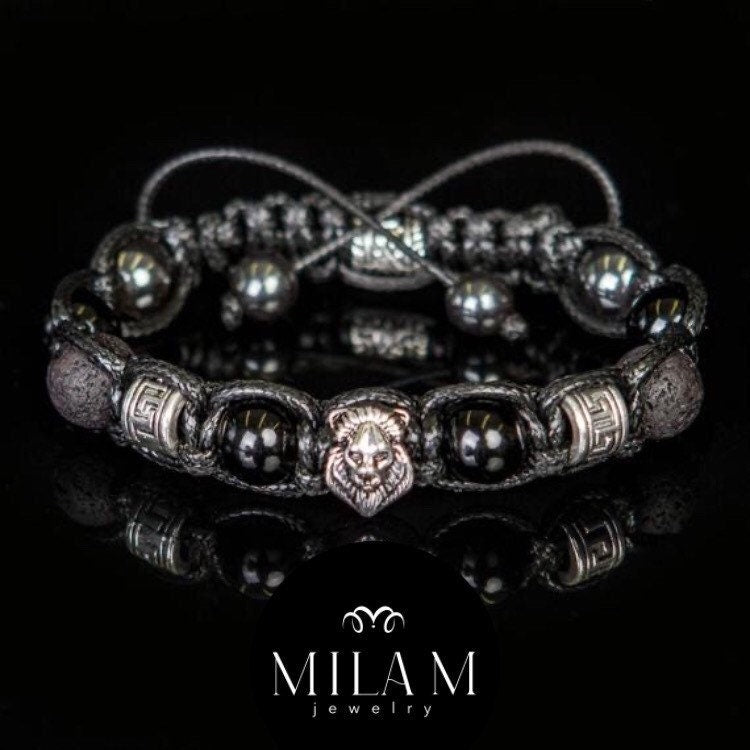Lion bracelet men - black stones and silver metal beads. Black onyx  lava beads, hematite gemstones. Christmas gift for him