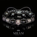 Lion bracelet men - black stones and silver metal beads. Black onyx  lava beads, hematite gemstones. Christmas gift for him