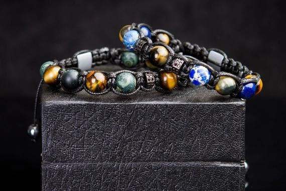 Men’s Natural Stone Bracelet, Tiger Eye Beaded Bracelet for Men, Green Rhyolite Gemstone Bracelet, Handmade Jewelry Gift for Him