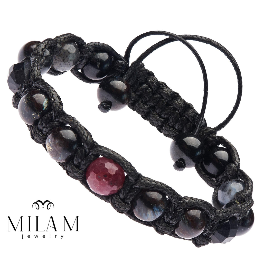 Mens Tourmaline Ruby Macrame Bracelet - Grounding Protection Jewelry Gift