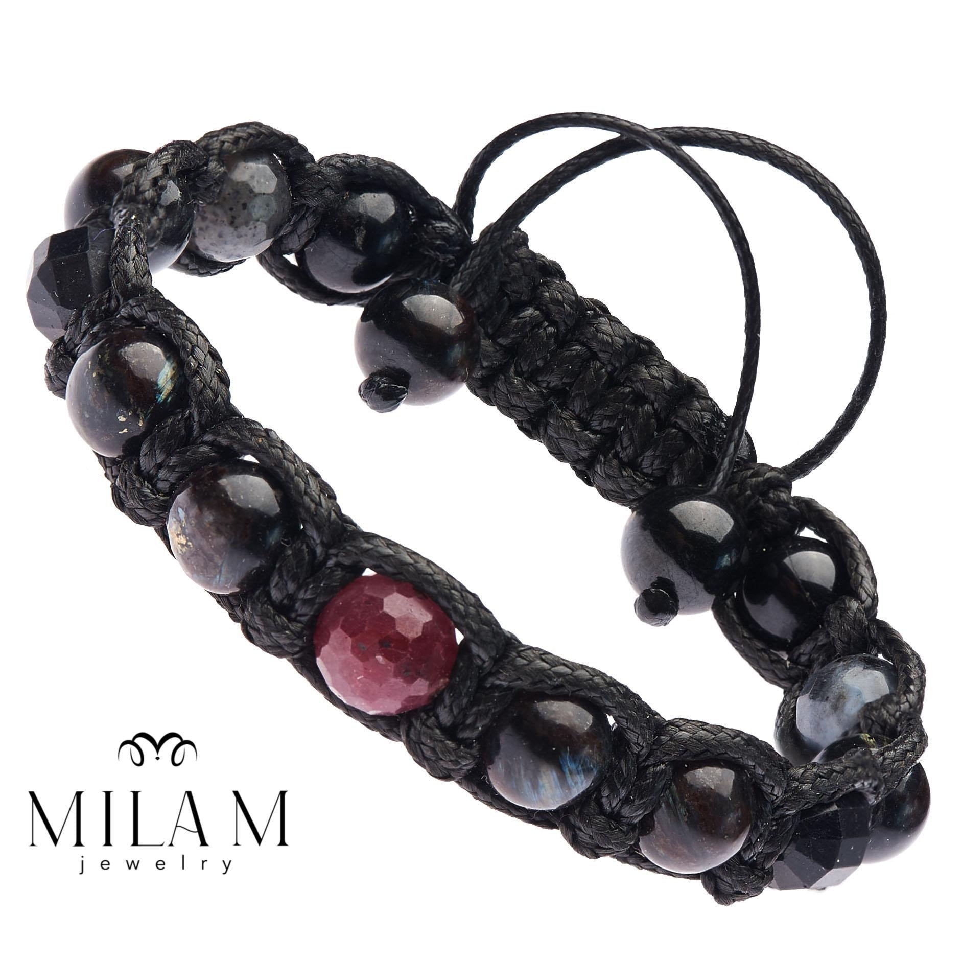 Mens Tourmaline Ruby Macrame Bracelet - Grounding Protection Jewelry Gift