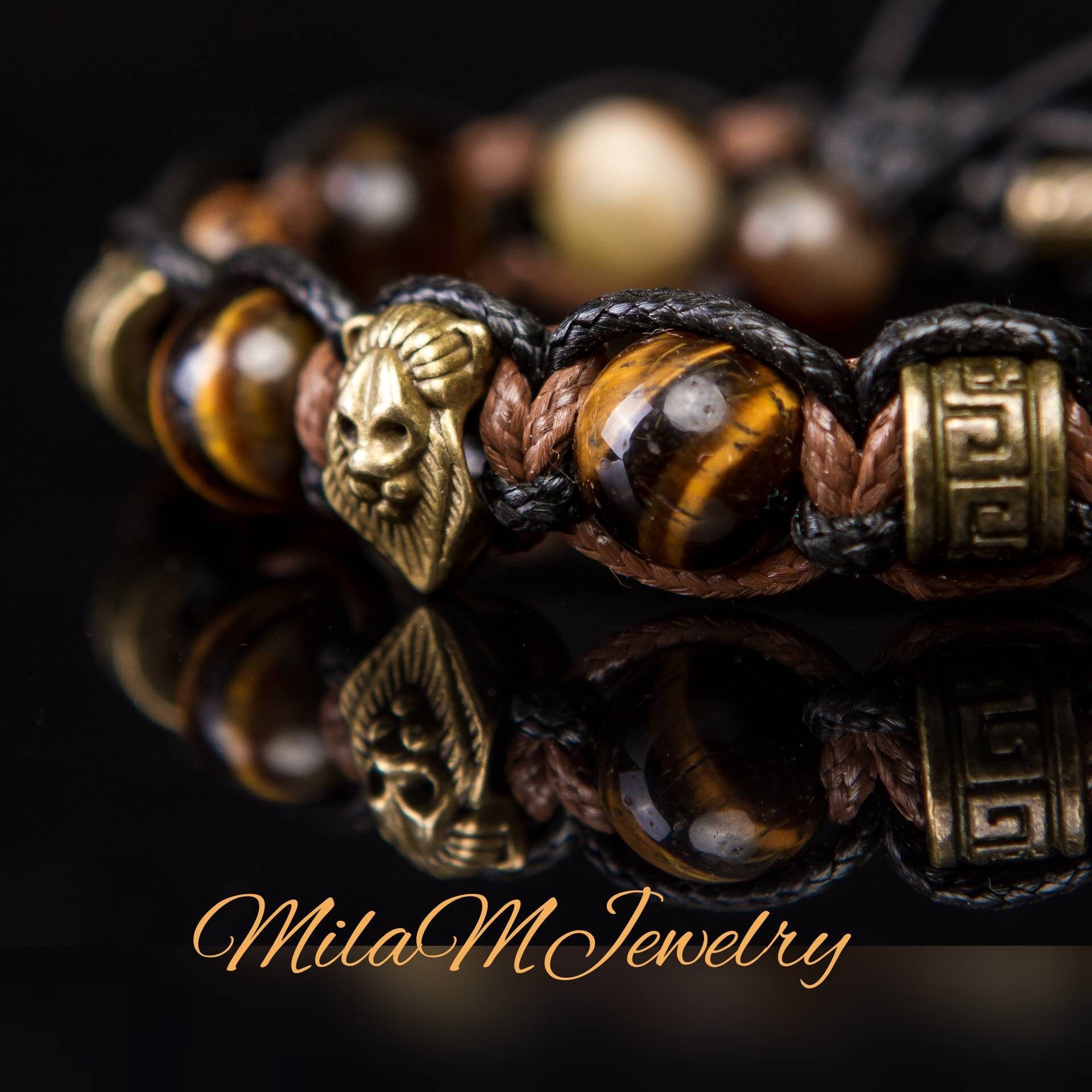 Lion bracelet men - black stones and silver metal beads. Black onyx  lava beads, hematite gemstones. Christmas gift for him