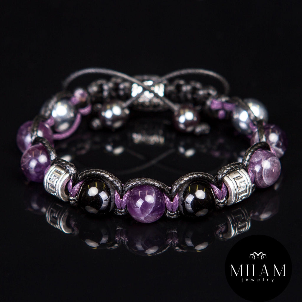 Amethyst • Black Tourmaline • Unisex Bracelet for Men and Women. Men's Bracelet. Purple-black stones, 10 mm, with metal accents.