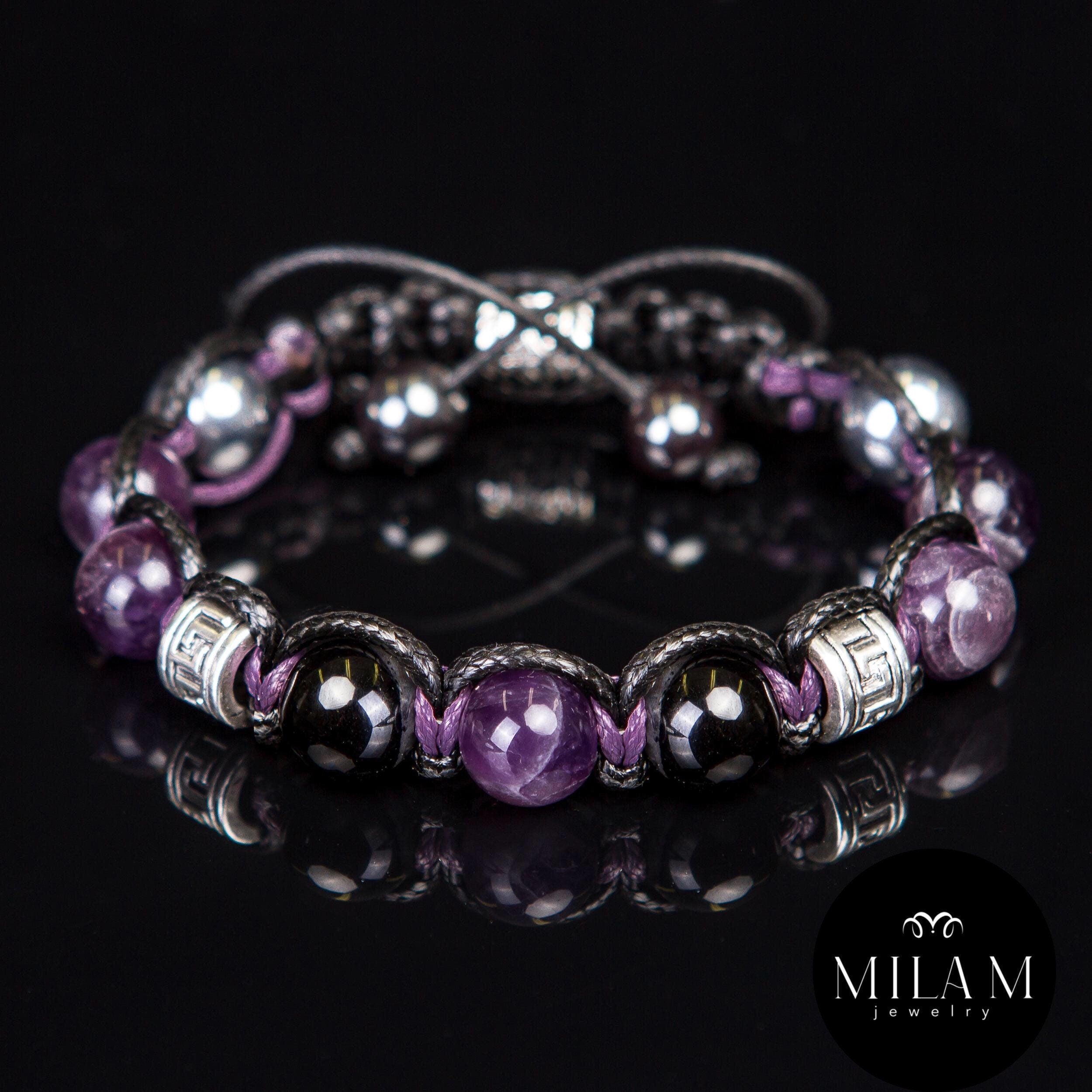 Amethyst • Black Tourmaline • Unisex Bracelet for Men and Women. Men's Bracelet. Purple-black stones, 10 mm, with metal accents.