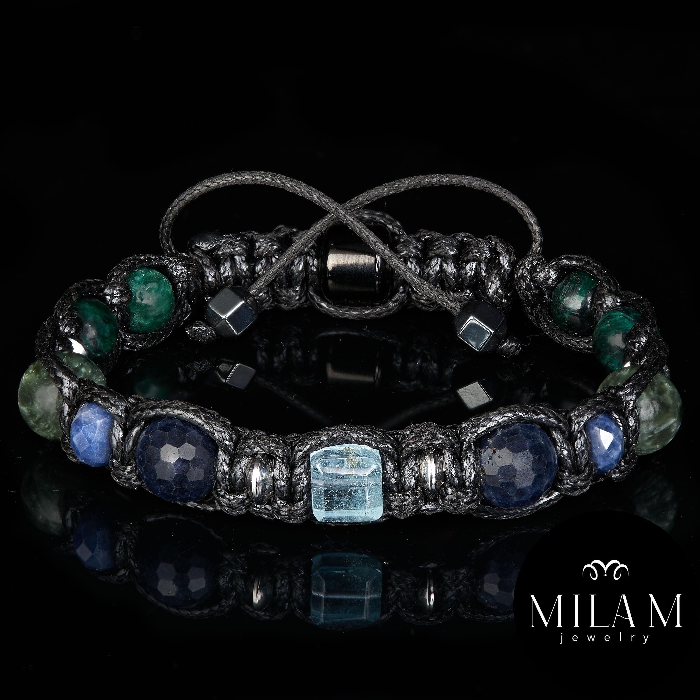 Men’s bracelet Natural Sapphire Blue Topaz • Meaningful Gift for Him Luxury Black Cord Bracelet