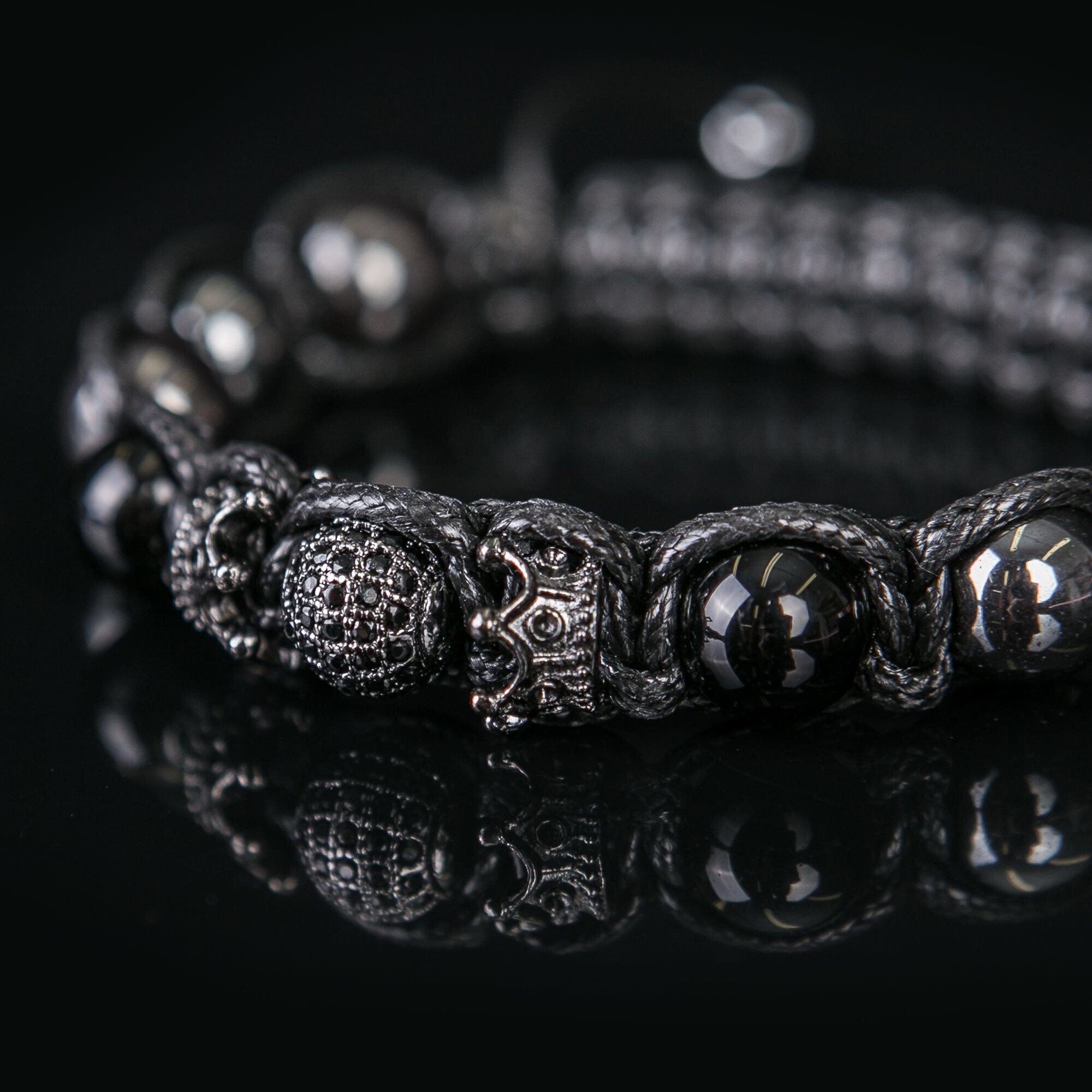 Handmade Black Onyx Bracelet, Crown CZ Diamond, Hematite Jewelry