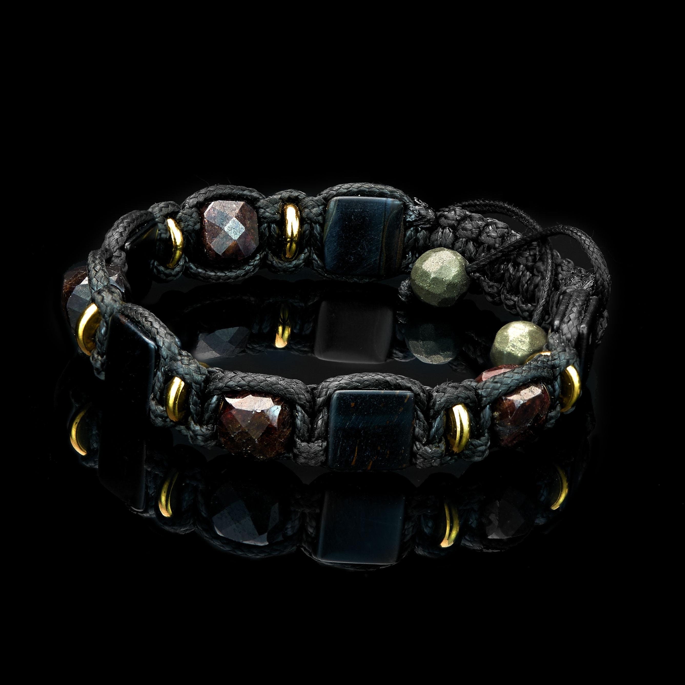 Energy Protection Men Bracelet gemstone Flat beads Blue tiger eye. Garnet cubes bracelets Gold Luxury men's jewelry