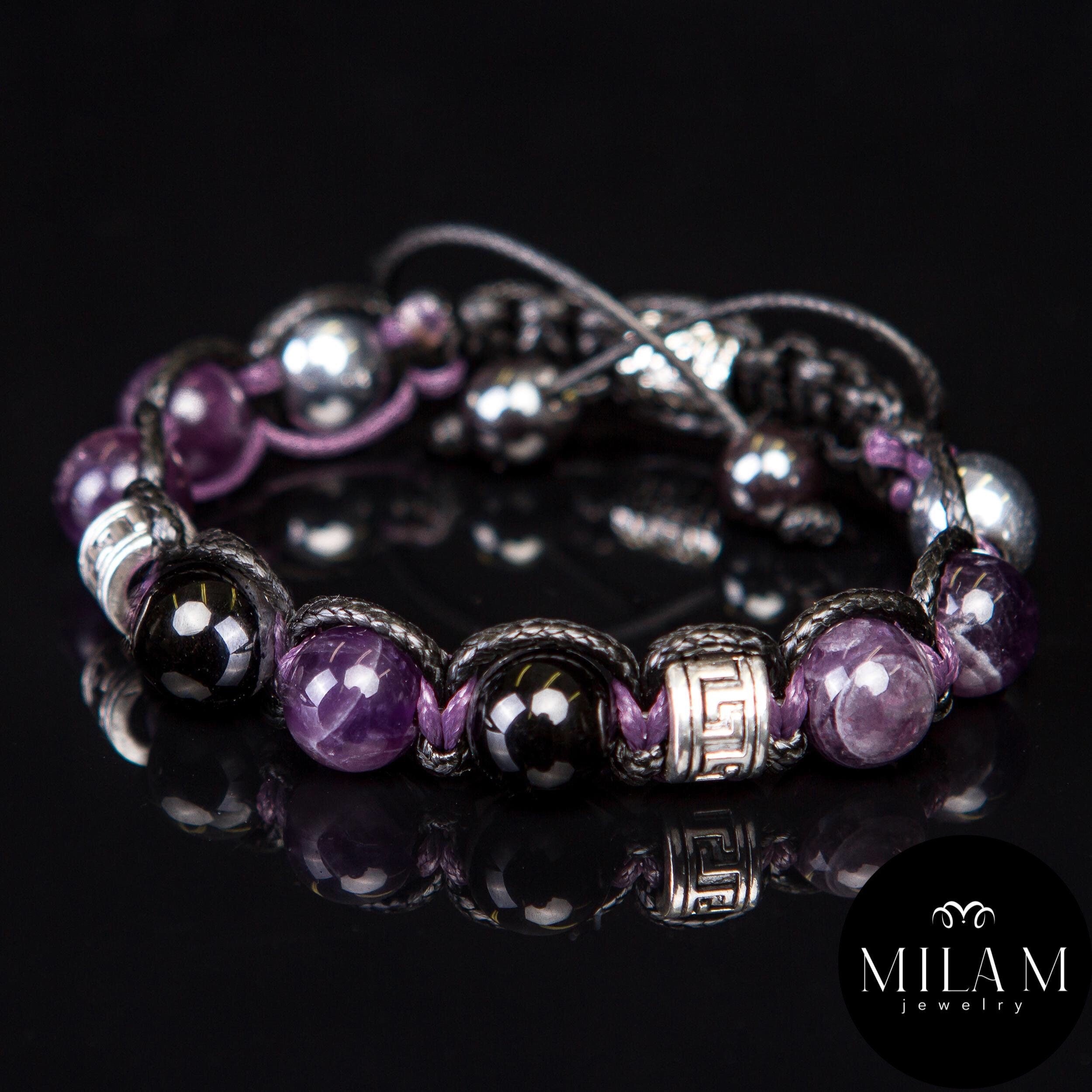 Amethyst • Black Tourmaline • Unisex Bracelet for Men and Women. Men's Bracelet. Purple-black stones, 10 mm, with metal accents.