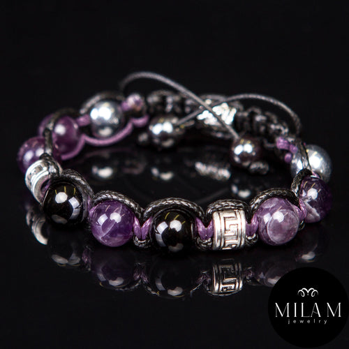 Amethyst • Black Tourmaline • Unisex Bracelet for Men and Women. Men's Bracelet. Purple-black stones, 10 mm, with metal accents.