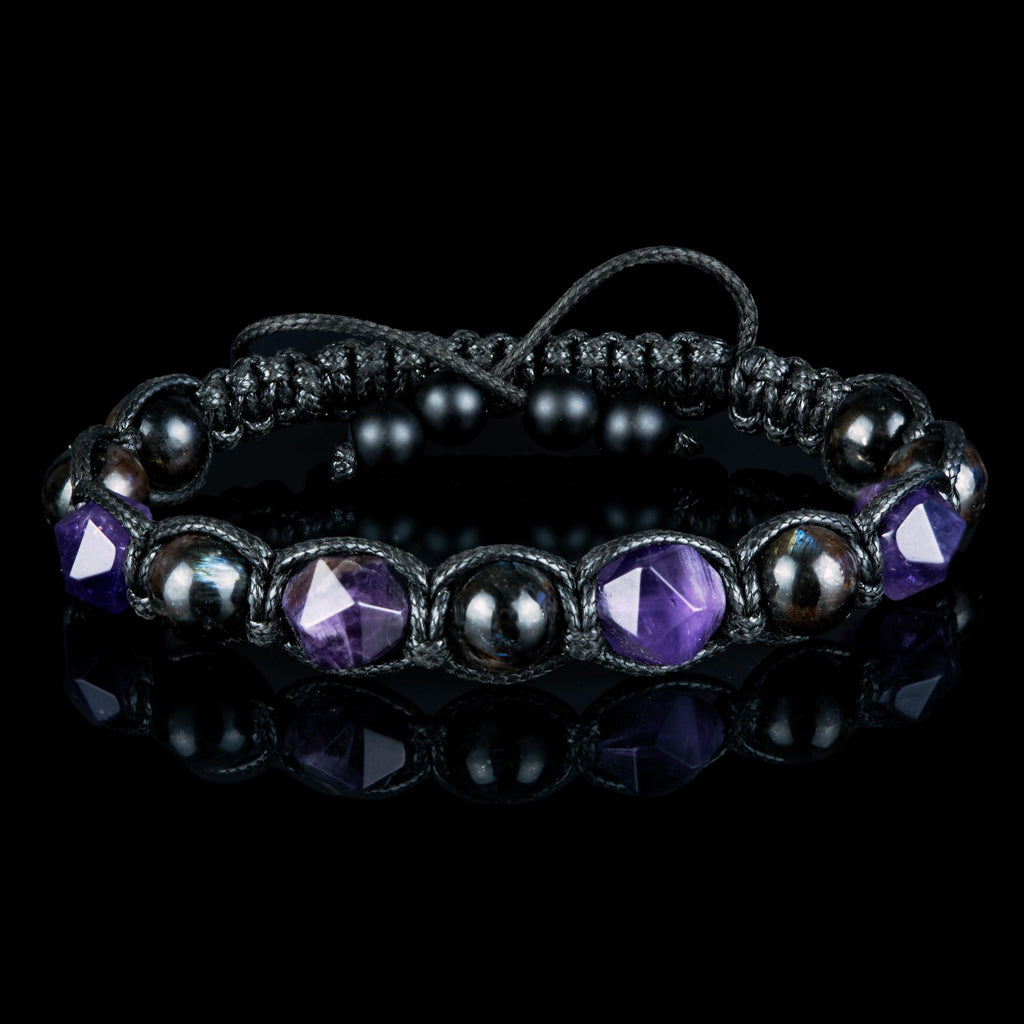 Mens Amethyst Arfvedsonite Bracelet • Spiritual Gemstone Macrame Jewelry