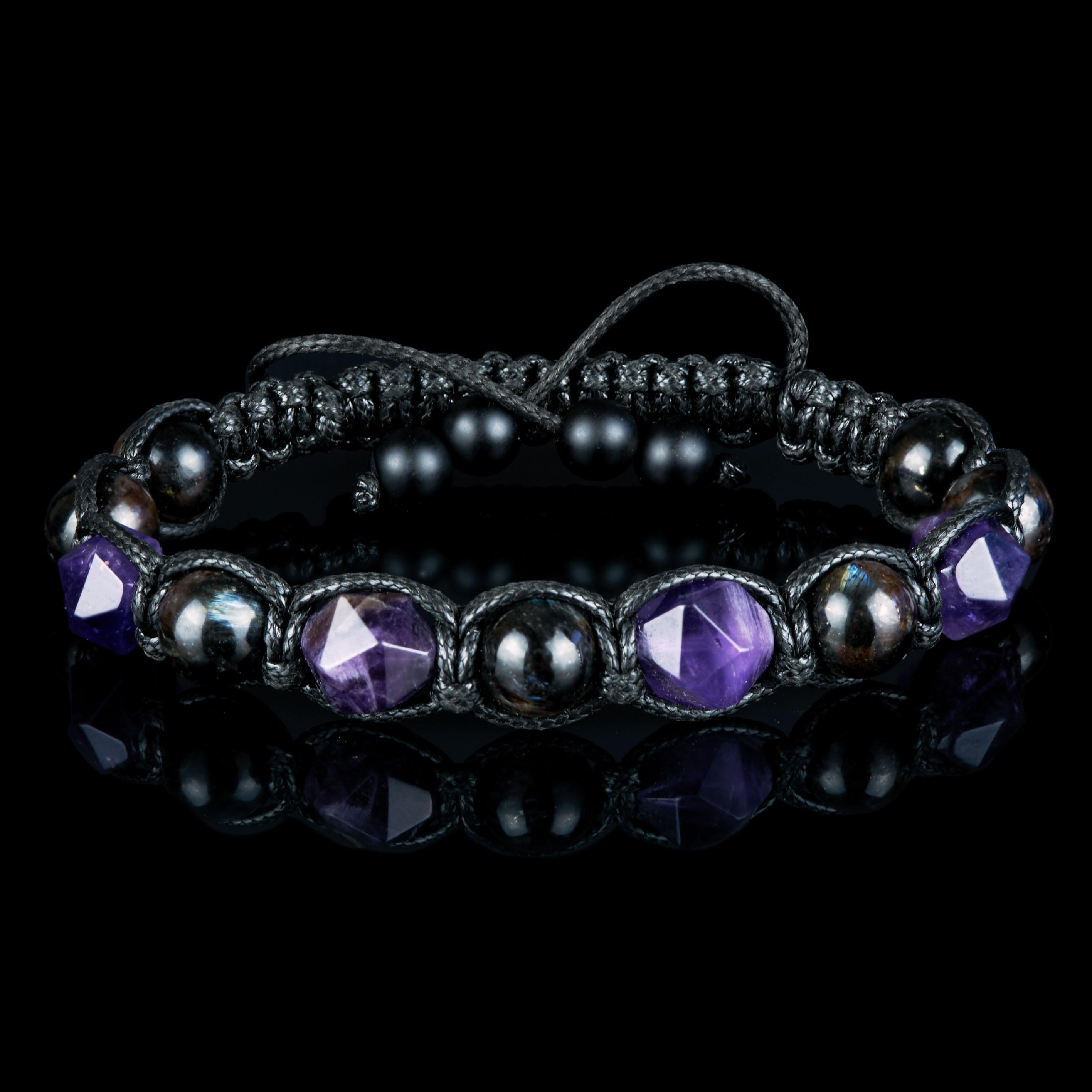 Mens Amethyst Arfvedsonite Bracelet • Spiritual Gemstone Macrame Jewelry