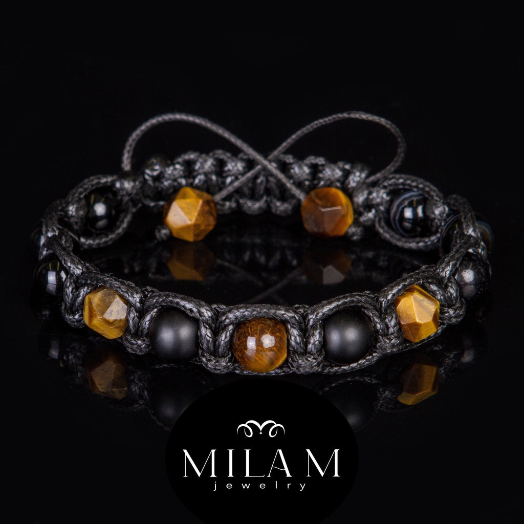 Mens Beaded Bracelet Black Matte Onyx Tiger Eye Spiritual Bracelet for Protection and Prosperity