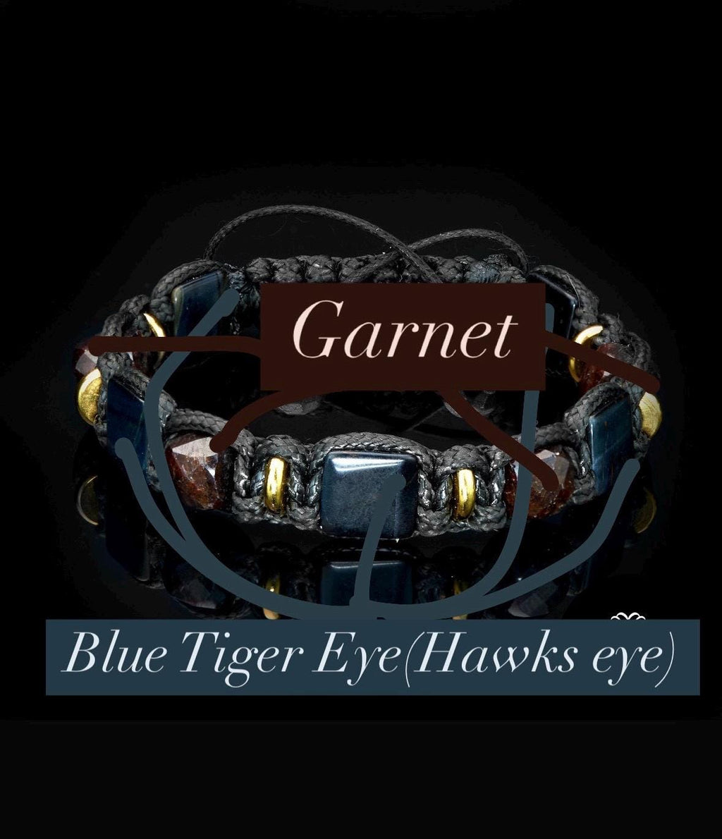 Energy Protection Men Bracelet gemstone Flat beads Blue tiger eye. Garnet cubes bracelets Gold Luxury men's jewelry