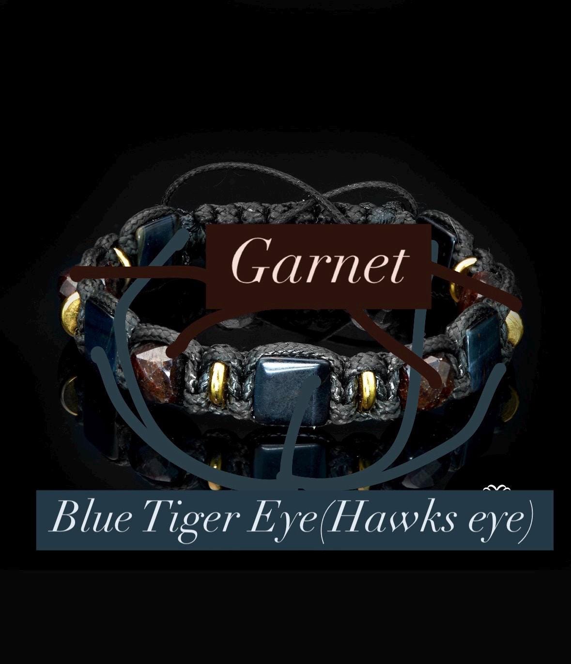 Energy Protection Men Bracelet gemstone Flat beads Blue tiger eye. Garnet cubes bracelets Gold Luxury men's jewelry