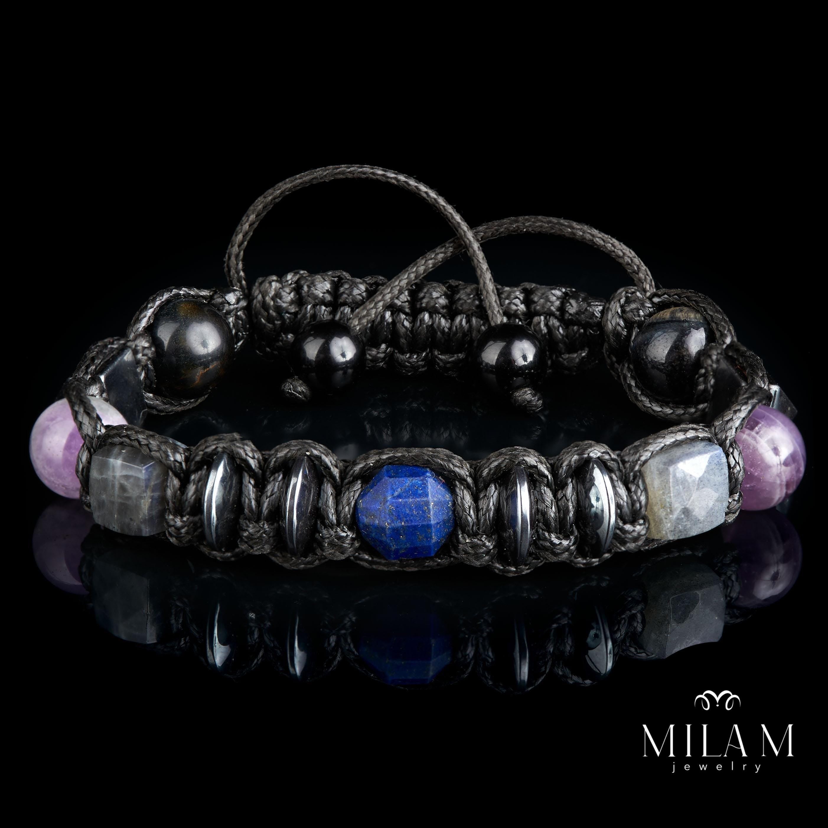 Amethyst • Black Tourmaline • Unique Mens Bracelet Customizable Healing Crystal, Engraving • Protective Amulet  for Abundance Prosperity
