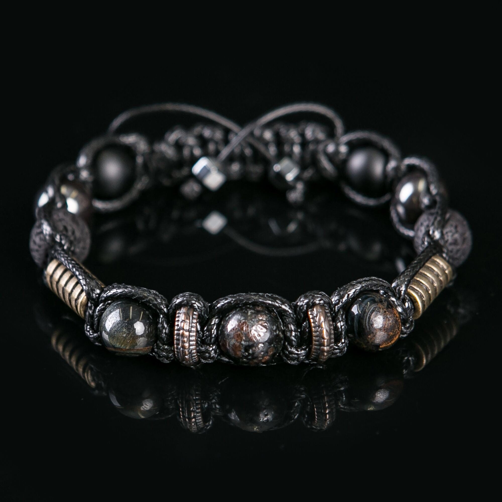 Men's Beaded Bracelet: Hawk Eye, Lava Rock, Hematite & Leather