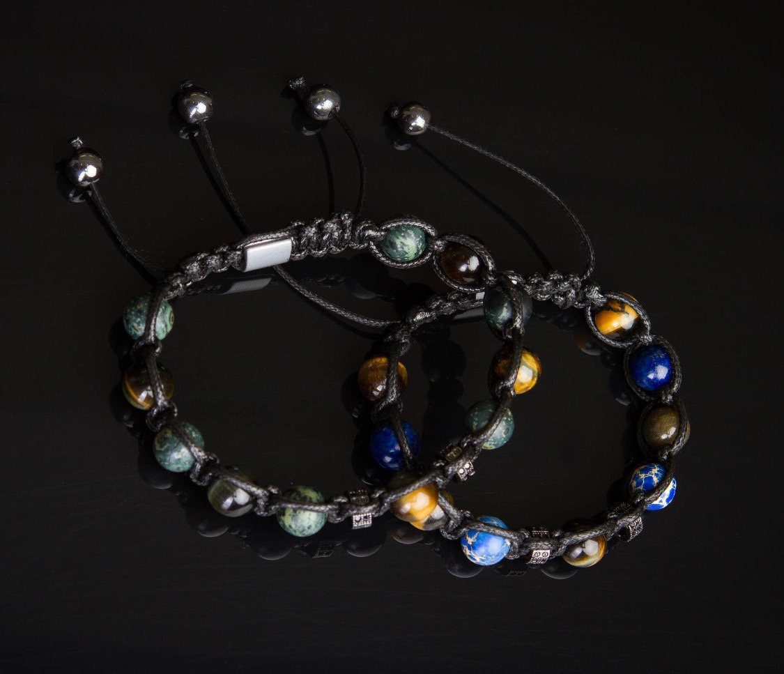 Men’s Natural Stone Bracelet, Tiger Eye Beaded Bracelet for Men, Green Rhyolite Gemstone Bracelet, Handmade Jewelry Gift for Him